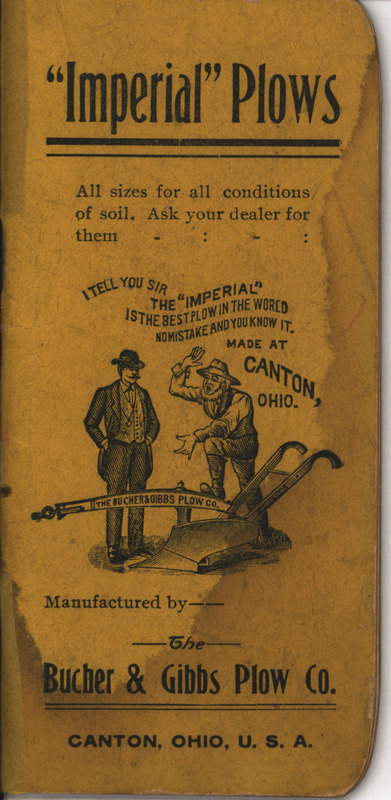 Pocket notebook advertising the Imperial Plows product line offered by Bucher and Gibbs Plow Company.