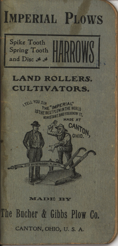 Pocket notebook including illustrated advertisements for the Imperial product line offered by the Bucher and Gibbs Plow Company.