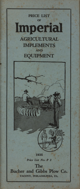 Price list for the Imperial Agricultural Implements and Equipment offered by Bucher and Gibbs Plow Company in 1935.