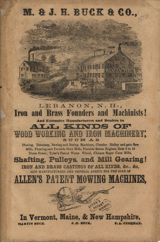 Catalog for Allen's Patent Mowing Machines offered by M. and the J. H. Buck and Company from 1858 includes descriptions and testimonials.