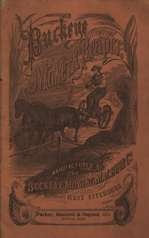 Catalog describing the mower, reaper and related products offered by Buckeye Mowing Machine Company from 1869 including illustrations and a price list.
