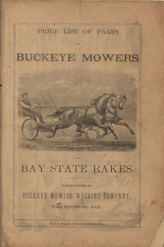 Illustrated price list for Buckeye Mowers and Bay State Rakes, offered by the Buckeye Mowing Machine Company.
