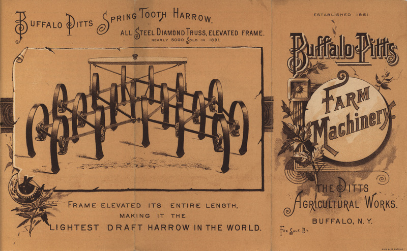 Illustrated advertising pamphlet describing the Spring Tooth Harrow and Steel Diamond Truss Elevated Frame offered by Pitts Agricultural Works.