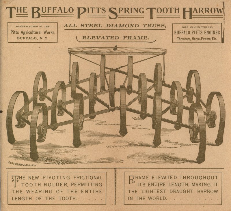 Illustrated advertisement for the Spring Tooth Harrow and Steel Diamond Truss Elevated Frame offered by Pitts Agricultural Works.
