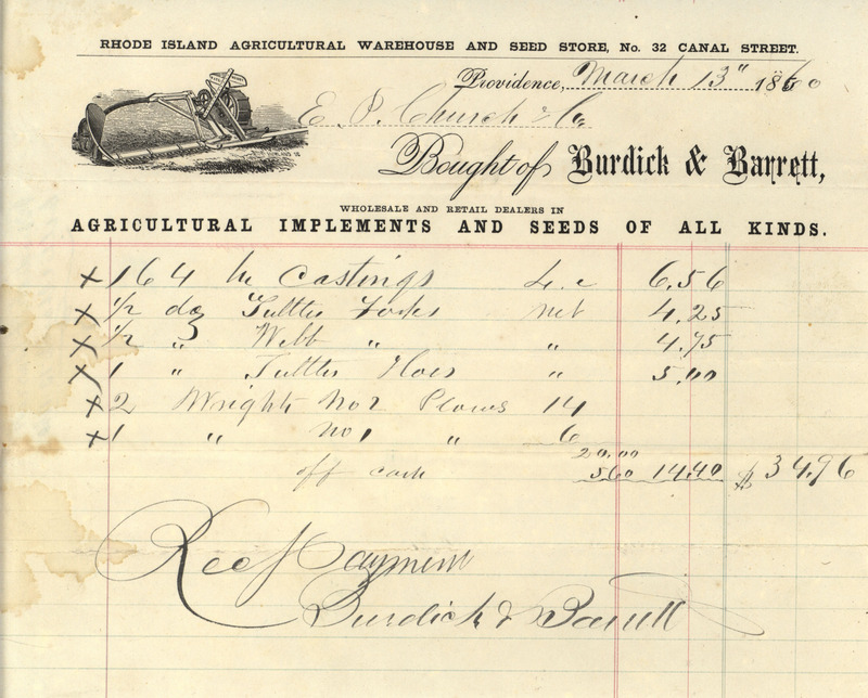 An order sheet for the Rhode Island Agricultural Warehouse and Seed Store dated March 13, 1860 and signed by Burdick and Barrett.