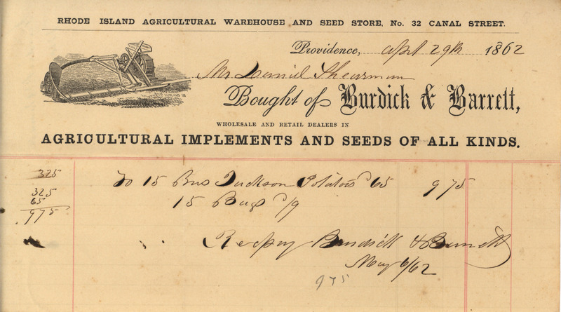 An order form for the Rhode Island Agricultural Warehouse and Seed Store dated April 29th, 1862 and signed by Burdick and Barrett.