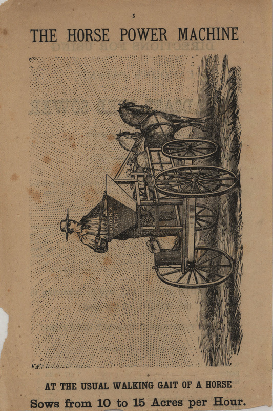 Pages from a catalog for Cahoon's Broadcast Seed Sower and Horse Power Machine.