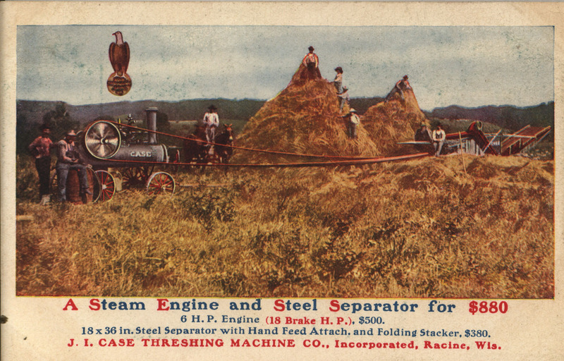 Postcard advertising the steam engine and steel separator offered by J. I. Case Threshing Machine Company.