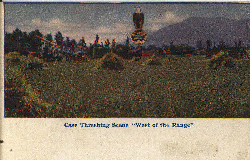 Postcard advertisement for J. I. Case Threshing Machine Company.