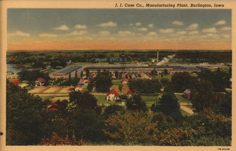 Postcard advertising J. I. Case Company with an illustration of their manufacturing plant in Burlington, Iowa.