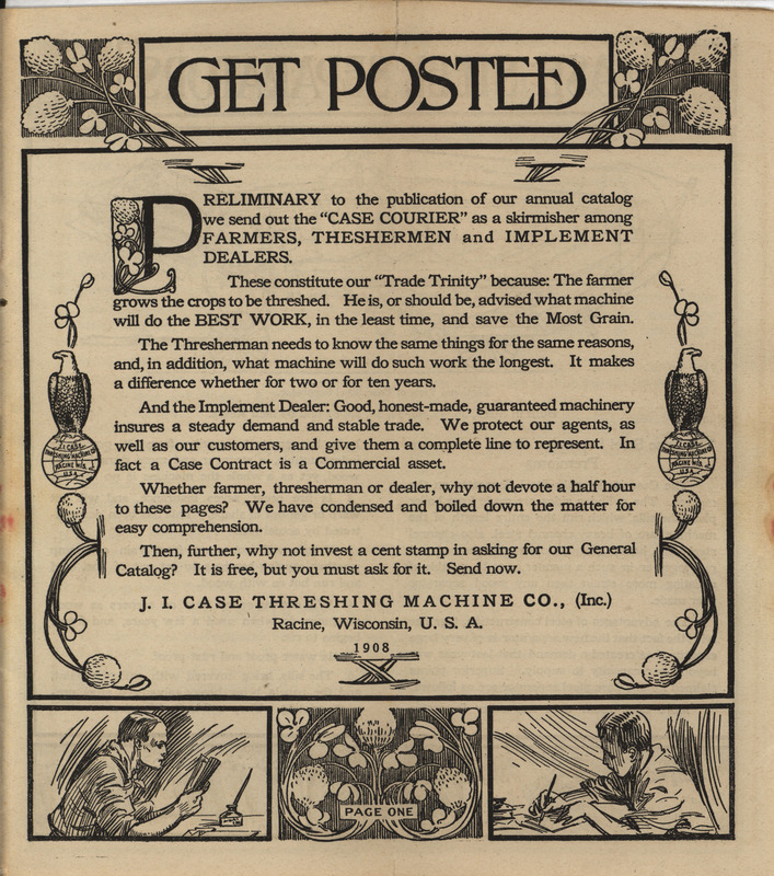 Catalog describing the agricultural products offered by J. I. Case Threshing Machine Company in 1908 including a price list and illustrations.