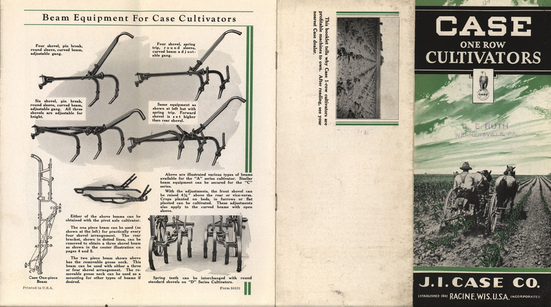 Illustrated catalog describing the features of the Case One Row Cultivators product line offered by J. I. Case and Company.