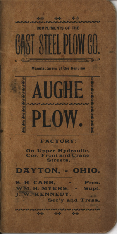 Pocket book offered by Cast Steel Plow Company for advertising purposes for their Aughe Plow in 1898.