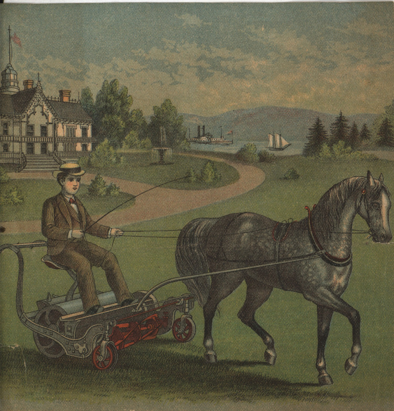 Illustrated advertisement for the Excelsior Lawn Mower with accolades and testimonials on backside.