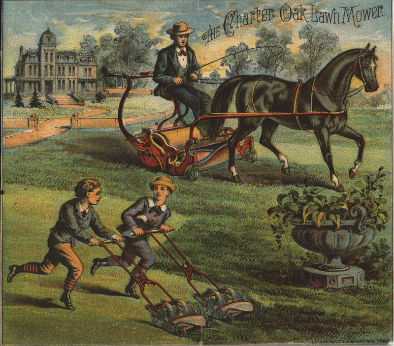 Illustrated advertisement card for the Charter Oak Lawn Mower offered by Fairbanks and Company depicting the mower at work on a lawn.