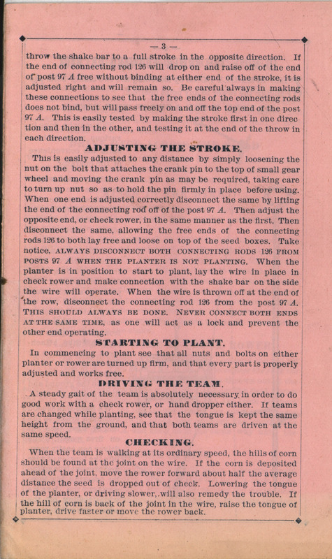 Challenge Corn Planter Company illustrated instructions for operating their leader check rower from 1890.