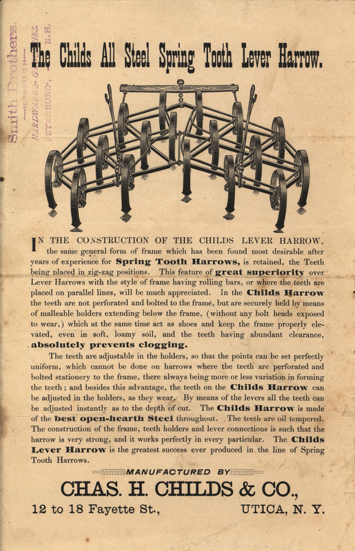 Illustrated advertisement describing the Childs All Steel Spring Tooth Lever Harrow offered by Chas. H. Childs and Company.