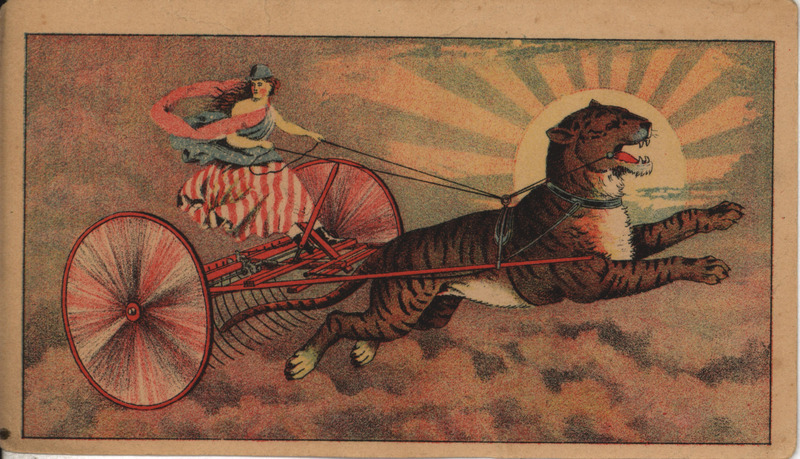 Illustrated advertisement for the Tiger Self Dump Wheel Horse Rake offered by J. M. Childs and Company depicting a tiger pulling the rake.