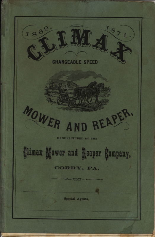 Illustrated catalog describing the mower and reapers offered by Climax Mower and Reaper Company.