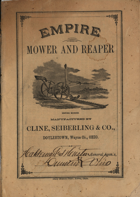 Illustrated catalog describing the Empire mower and reaper product line offered by Cline, Seiberling and Company in 1878.