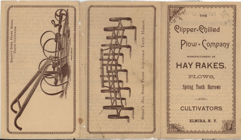 Illustrated advertisement pamphlet for the hay rakes, plows, spring tooth harrows and cultivators offered by the Clipper Chilled Plow Company.