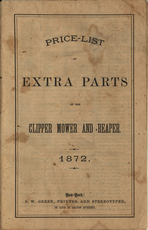 Price list for extra parts offered by the Clipper Mower and Reaper Company in 1872, includes illustrations.