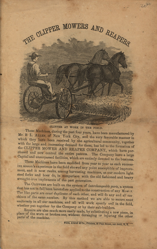 Illustrated advertisements for the Clipper Mowers and Reapers, including a price list.