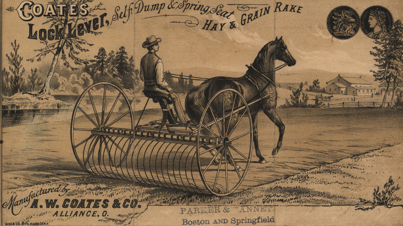 Illustrated advertisement for the spring seat rake offered by A. W. Coates and Company including a description of features.