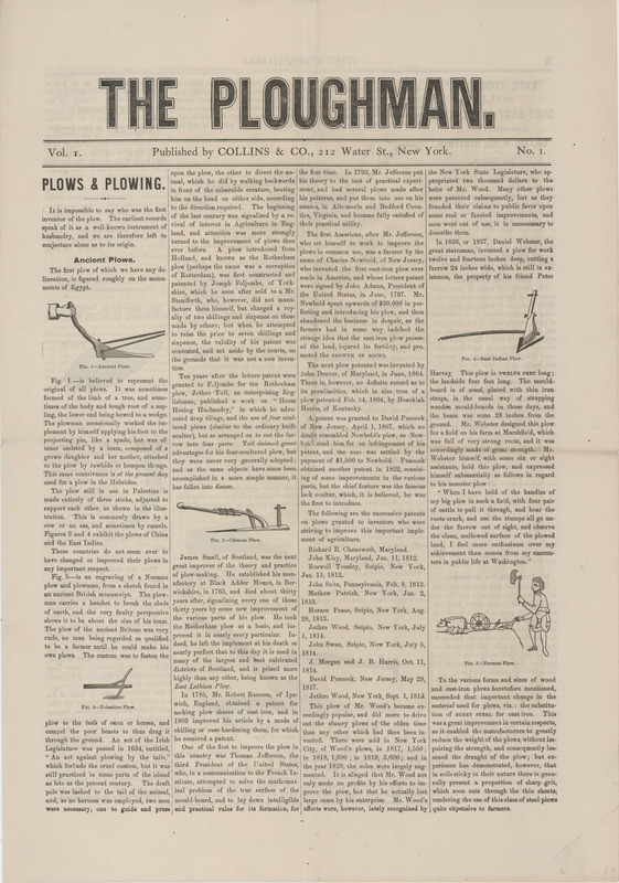The Ploughman catalog in the form of a newspaper describing plows offered by Collins and Company, includes illustrations, testimonials and a price list.