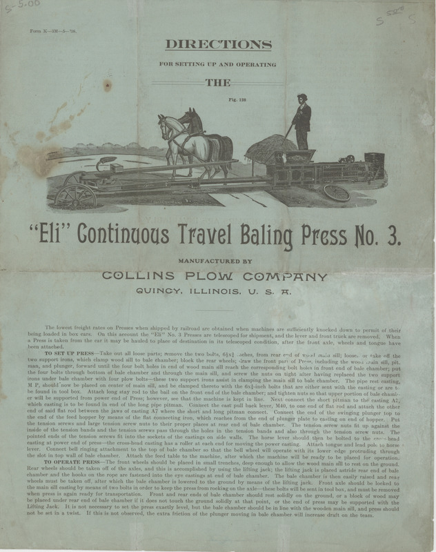 Illustrated advertisement for the Eli Continuous Travel Baling Press No. 3 offered by Collins Plow Company, including a price list.
