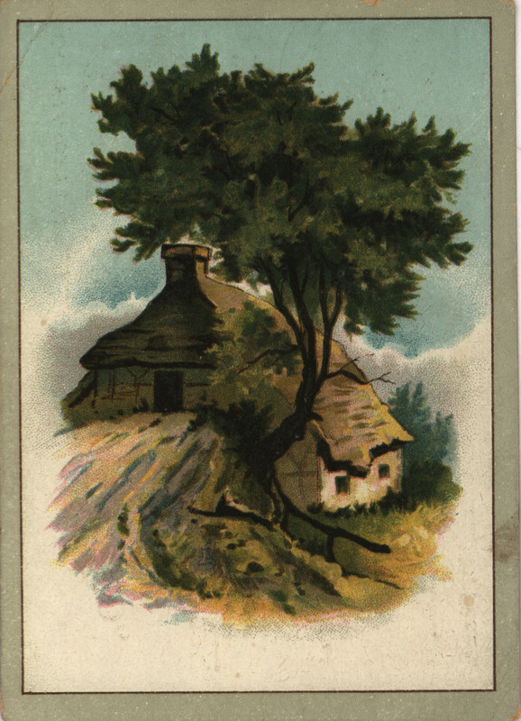 Illustrated advertisement card for the Columbia Wagon Company depicting a cottage behind a tree.