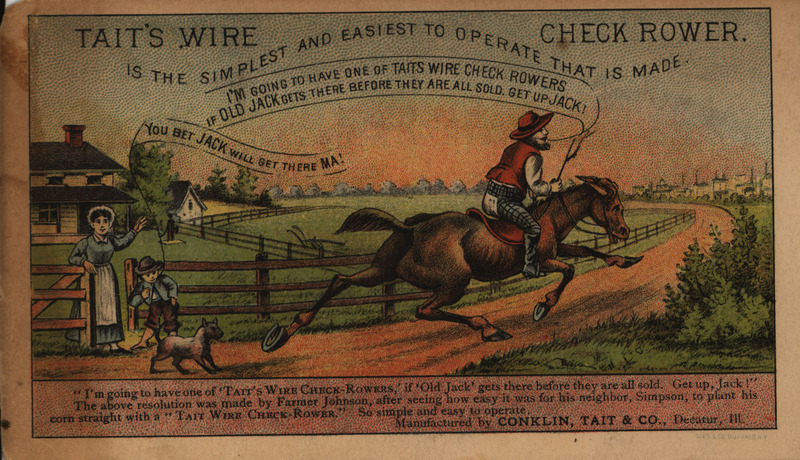 Illustrated advertisement card for the Tait Wire Check-Rower offered by Conklin, Tait and Company depicting a jockey racing on a track.