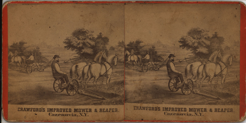 Illustrated advertisement stereograph for Crawford's Improved Mower and Reaper, includes a parts price list on the backside.