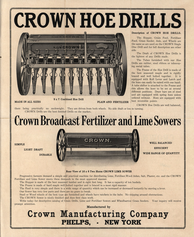 Illustrated advertisement for the drills, seeders and sowers offered by Crown Manufacturing Company.