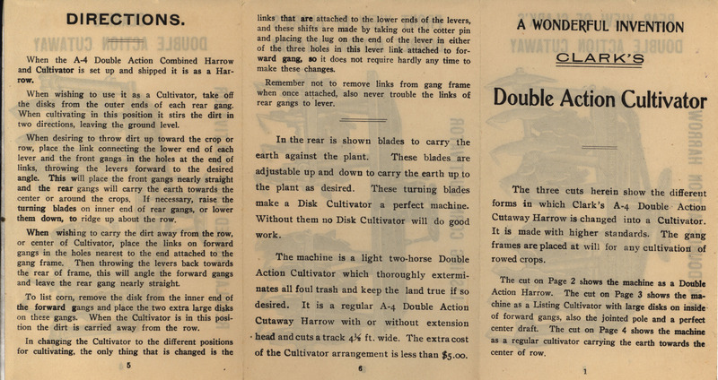 Illustrated advertisement and directions for Clark's Double Action Cultivator.