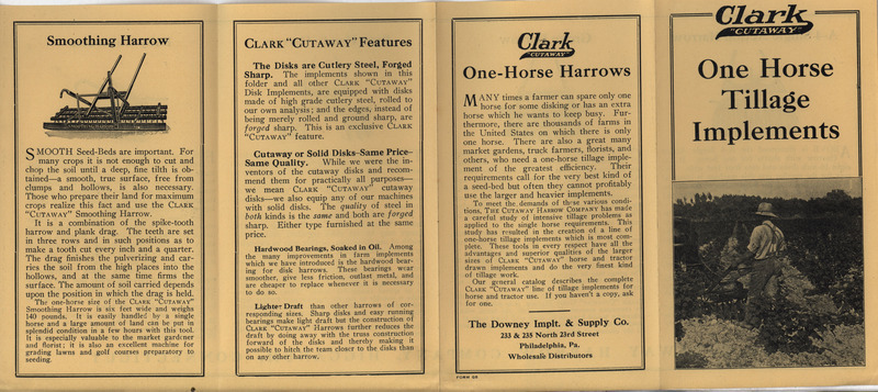 Illustrated pamphlet advertisement for the one horse tillage implements offered by Cutaway Harrow Company.