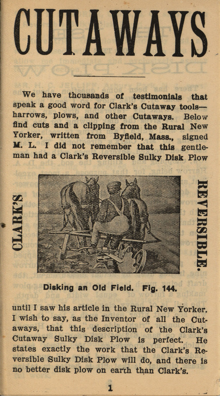 Advertisement pamphlet for the cutaways offered by Cutaway Harrow Company, including testimonials and illustrations.