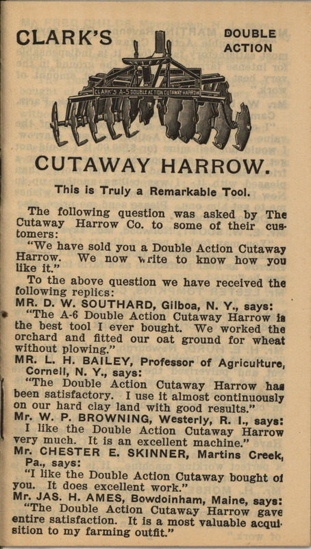 A pamphlet advertisement from the Cutaway Harrow Company describing and providing testimonials for their Clark's Double Action Cutaway Harrow.