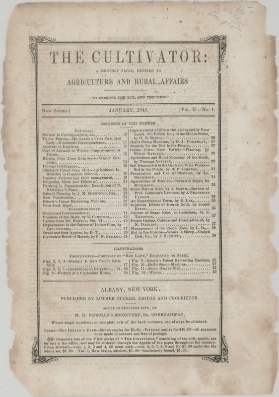 The Cultivator publication from January 1845, volume 2, number 1. The publication includes editorials and illustrations on agricultural and rural affairs.