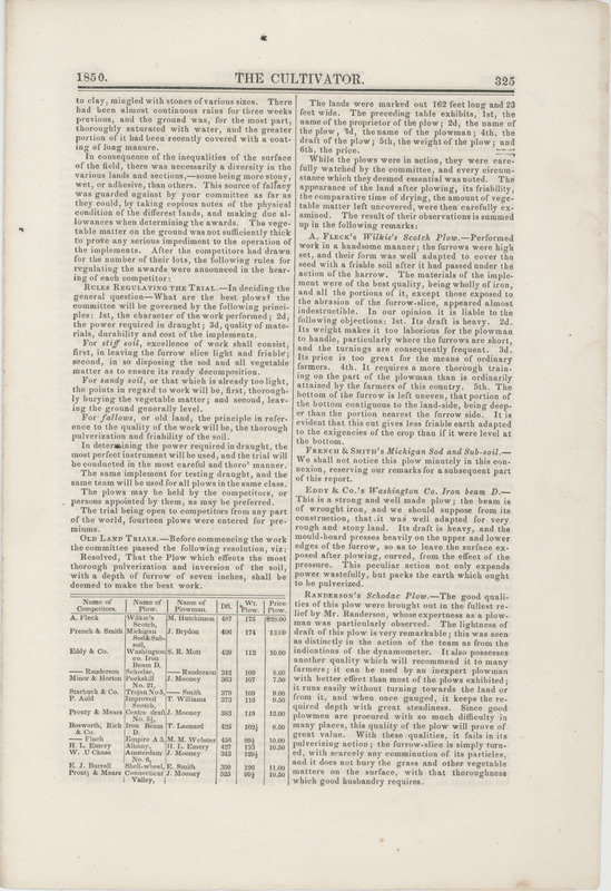 Pages from the 1850 edition of The Cultivator, a publication regarding agriculture and rural affairs. The pages include readers' letters, editorials and illustrations.