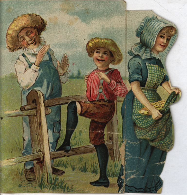 Illustrated advertisement card for hay machinery offered by Dain Manufacturing Company depicting a family of farmers smiling by a fence.