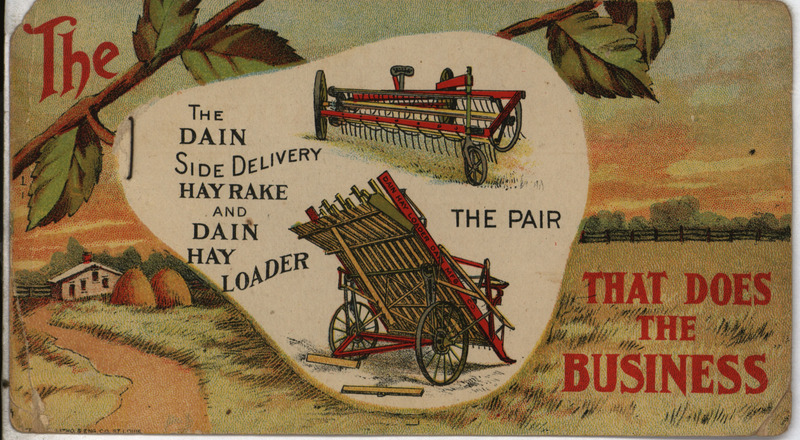 Illustrated advertisement card for the side delivery rake and hay loader offered by Dain Manufacturing Company depicting the machinery on the front side and a description on the back.