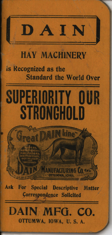 Pocket book produced by Dain Manufacturing Company for farmers with advertisements for Dain Hay Machinery.