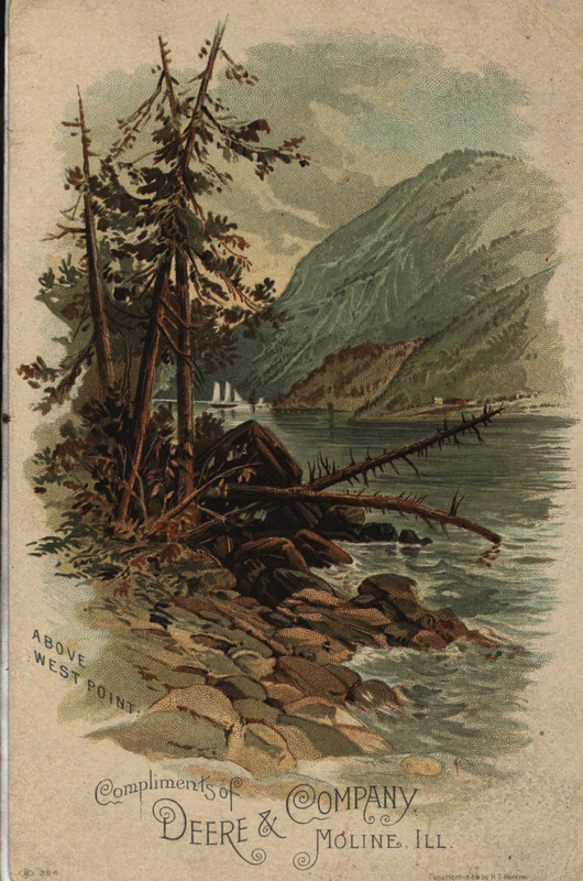 Illustrated advertisement card for plows, cultivators, harrows and plows offered by Deere and Company including a scene of trees, a lake and a mountain.