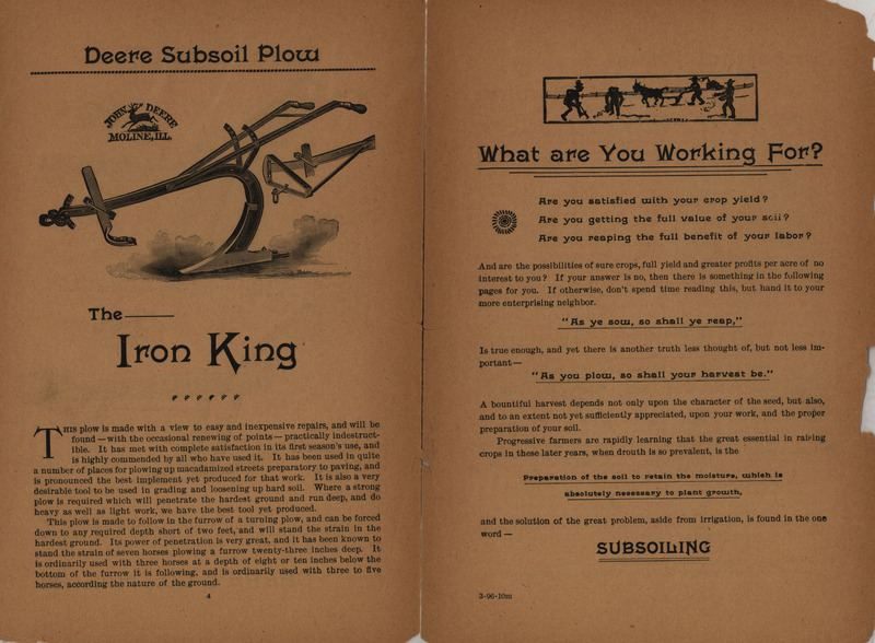 Pages from an illustrated catalog advertising plows offered by Deere and Company.