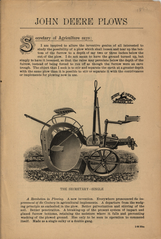 Illustrated catalog for the plows offered by John Deere Company, including a statement from the secretary of agriculture.