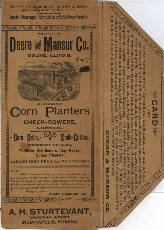 Advertisement for corn planters, check-rowers, listers, drills and other agricultural implements offered by Deere and Mansur Company.