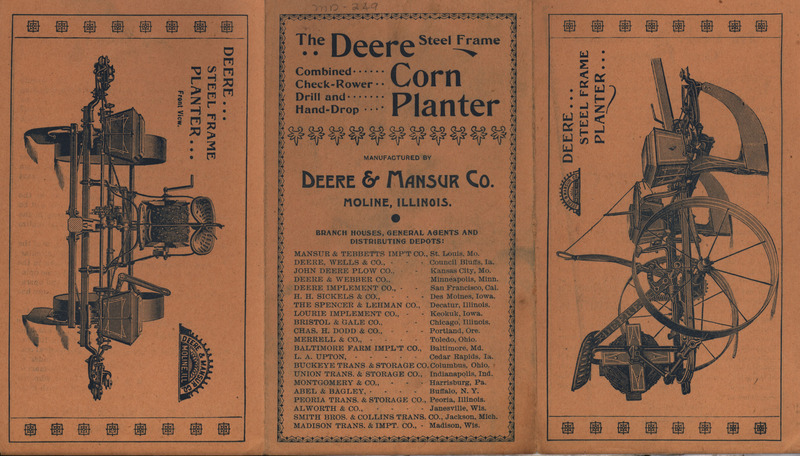 Illustrated advertisement pamphlet describing corn planters offered by Deere and Mansur Company.