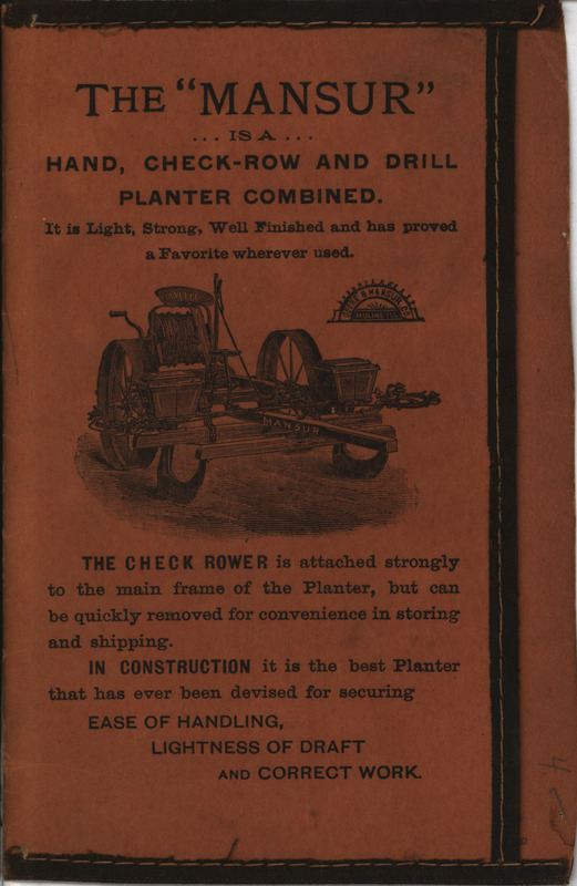 Advertisement pamphlet for agricultural implements offered by Deere and Mansur Company.
