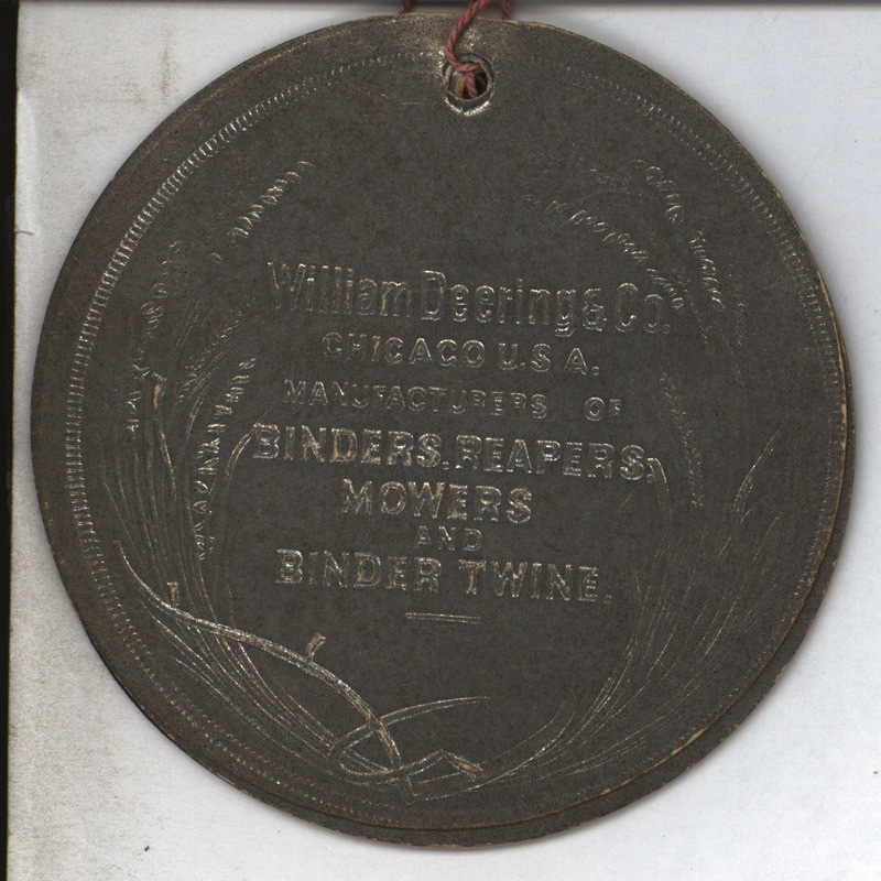 Advertisement in medallion shape for binders, reapers, mowers and binder twine offered by the William Deering and Company.